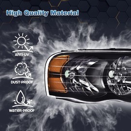 PIT66 Headlights Assembly, Compatible with 2002-2005 Dodge Ram 1500/2003-2005 Dodge Ram 2500 3500 Front Headlamp LH&RH Clear Lens Black Housing Amber Reflector