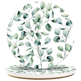 Eucalyptus Sage Leaves Car Coasters,Car Coasters for Cup Holders,2PCS Cute Anti Slip Car Interior Assecories for Women Men,Universal Size 2.56" with Finger Notch & Cork Base
