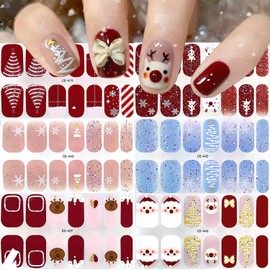 6 Sheets Christmas Gel Nail Strips 3D Red Blue Snowflake Wrap Nail Stickers Cute Snowflake Xmas Tree Snowmen Elk Winter Design Full Cover Holiday Nails Polish Stickers for Acrylic Nails DIY