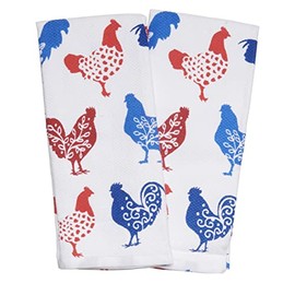 Chickens & Hens - Americana Country Blues Reds Farmhouse Kitchen Hand Tea Towel Set of 2 by Casaba 100% Ultra Absorbent Cotton