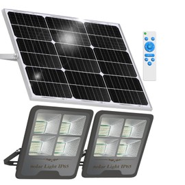 Gebosun Black 2-Pack 300W LED Solar Flood Light, Remote Controlled, Dusk to Dawn, 30,000Lumen, 6000K, IP65 Waterproof for Shed Backyard Garden