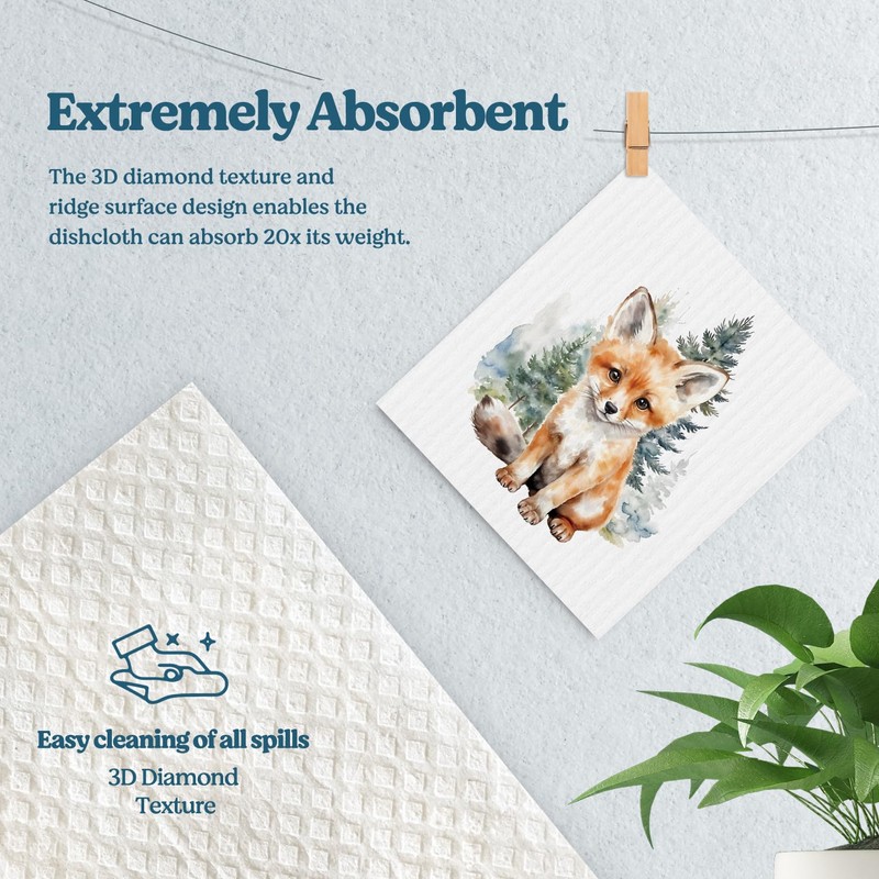 VONTP Swedish Dishcloths for Kitchen, Fox Rabbit Dish Rags Kitchen