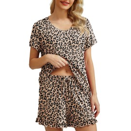 PrinStory Pjs For Women Sets Pajama Sets Short Sleeve Top And Shorts Matching Lounge Set Loungewear Sweatsuit With Pockets UK Size 18-20 (LD Khaki, XL)