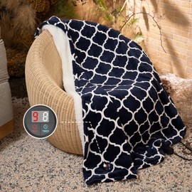 GOTCOZY Heated Blanket Electric Throw 50''X60''- Electric Throw Blanket with One Touch Button 10 Heating Level & 9 Time Settings Heating Blanket, Machine Washable (Ogee Navy)