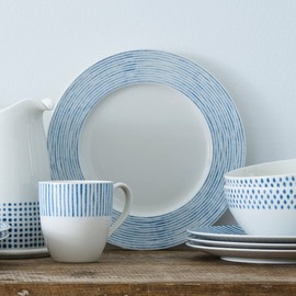 Noritake Blue Hammock Rim Stripe Dinner Plate, 11", Set of 4 in Blue/White