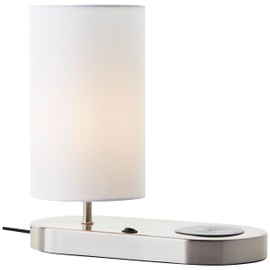 Lightbox Table Lamp with Wireless Charging & Fabric Lamp Shade, 26 cm Height, Diameter 12 cm, Modern Bedside Lamp for Bedroom, E14, Made of Metal/Textile/Iron in Silver/White