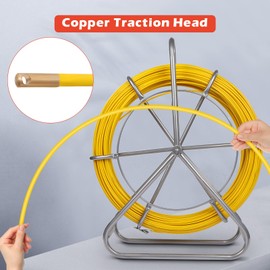 425FT Fish Tape Fiberglass 1/4 inch(6MM) Fishing Wire Puller Duct Rodder Cable Running Electrical Fishtape Tool Rod with Steel Reel Stand through Wall Pipe Length Marking In Meter
