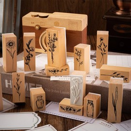 Wooden Rubber Stamp Set, 8Pcs Plant & Flower Decorative Wood Mounted Rubber Stamps Set, Multipurpose Vintage Rubber Seal for DIY Craft, Planners,Journals,Letters Diary and Scrapbooking (Type A)