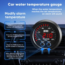 ZHSYMX Universal 52mm Water Temperature Gauge with Alarm and 1/8 NPT Sensor Car Digital Meter Red Display Temp 100-300F(38-150C)
