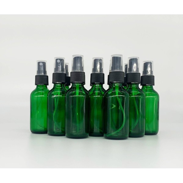 2 oz Green Boston Glass Bottle, with Black Fine Mist Sprayers (12-PACK-Bottles)