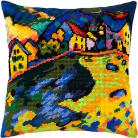 Landscape Needlepoint Kit for Adults and Beginners — Houses at Murnau by Wassily Kandinsky 16″ × 16″ with Clear, Precise Printed Design on Cotton Canvas; Includes 2 Needles, Yarn, and Easy-Read Chart
