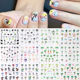 Summer Nail Art Stickers, Beach Palm Tree Nail Decals Water Transfer Nail Art Supplies Tropical Coconut Tree Nail Tattoo Stickers Accessories for Women Girls(12Sheets)