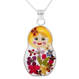 NOVICA Handmade .925 Sterling Silver Natural Flower Pendant Necklace with Blonde Matryoshka Or Leaf Multicolor Mexico Floral 'Blonde Mexican Matryoshka'