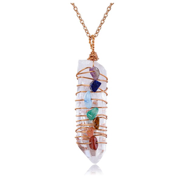 Jovivi Crystal Necklace Wire Wrapped Irregular Natural 7 Chakra Chipped Gemstone Healing Stones Necklace Clear Quartz Point Pendant Necklace for Women Men