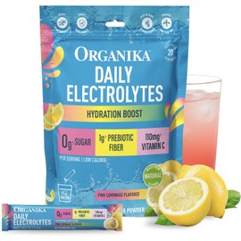 Organika Electrolitos en Polvo con Prebióticos Limonada Rosa 20 Sobres Aporta vitamina C, magnesio y potasio citrato, fibra prebiótica soluble; sin azúcar, sin gluten, vegano; sobres individuales