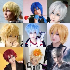 Unisex Short Cosplay Full Wigs Natural Layer Straight Hair Anime Costume Party Wig Fancy Dress for Women Men Boy Girls (Green)