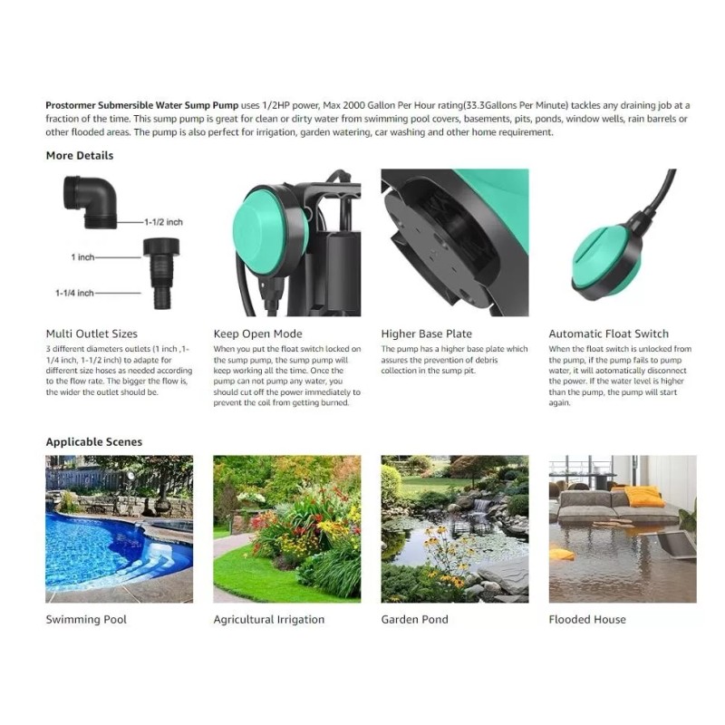 Prostormer Sump Pump, 2000GPH 1/2 HP Submersible Water Pump with