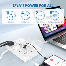 JouleLoom Power Strip Surge Protector with 11 Outlets, 4 USB and 2 USB C Ports, 5 Ft Extension Cord, Flat Plug, Wall Mount, Overload Protection Desk USB Charging Station for Home, Office（White）