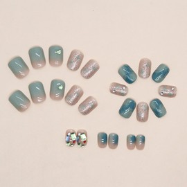 Green Press on Nails Short 3D Stars Rhinestones Design French Reusable False Nails Artificial Acrylic Coffin Nails Full Cover Square Short Fake Nails Nature Fit Stick on Nails Glue on Nails for Women