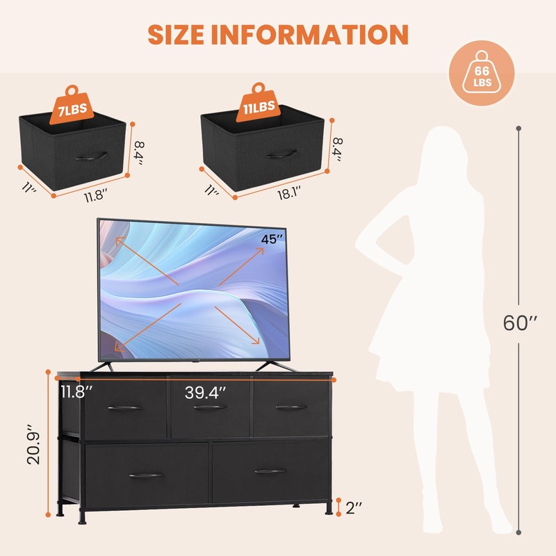 Sweetcrispy Dresser for Bedroom, TV Stand, 5-Drawer Fabric Storage Cabinet,