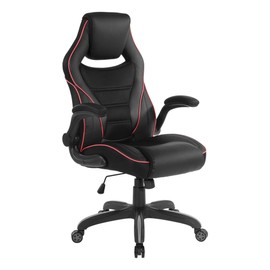 OSP Home Furnishings Xeno Ergonomic Adjustable Faux Leather Gaming Chair with Integrated Headrest and Airflow Cooling Material, Black with Red Accents 28D x 28W x 47.25H in