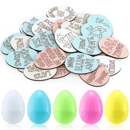Arrowbash 30 Fillable Easter Egg Token Set Wooden Easter Fillers with Engraved Sayings and Plastic Eggs for Craft Hunt Prize Basket Stuffers(Egg Shape,Vibrant Colors)