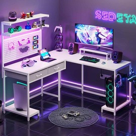 SEDETA L-Shape Gaming Desk Computer Desk with LED Lights Hanging Panel and Drawer with Brackets and Storage Shelves Home Office Corner Desk Modern - Color: fig. reactionary