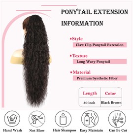 ENBEAUTIFUL 30" Claw Clip Ponytail Extension Long Wavy Ponytail Extension Synthetic Pony Tails Hair Extensions Clip in Hair pieces Fluffy Natural Looking for Women Black Brown