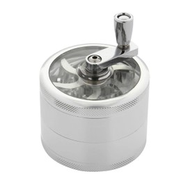 Glamified 2.5" 4 Pieces Hand Cranked Clear Top Herb Grinder - Aluminium Spice Grinder with Pollen Scraper and Cleaning Brush, Foldable Handle (Silver (4 Layers))