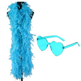 JNGTKL Feather Boa, 2m Blue Feather Boa And Heart Rimless Sunglasses, Delicate Feather Scarf, Suitable For Dance Performances, Weddings, Carnival Celebrations Feather Bower
