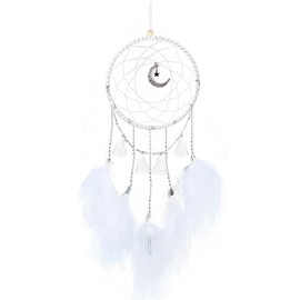 1 Pcs Star Moon Dream Catcher, Handmade Dream Catcher with Feathers, Dream Catcher Decorative, White Dream Catchers, for Vintage, Wedding, Home, Decorations (White + No Light)