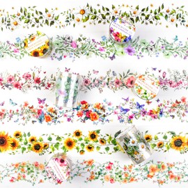 6Rolls Floral Washi Tape Set PET 40mm Wide Washi Sticker for Junk Journaling Stickers Scrapbook Stickers Vintage Washi Tapes Scrapbooking Supplies Decorative Tape for Crafts, 6.6ft Long