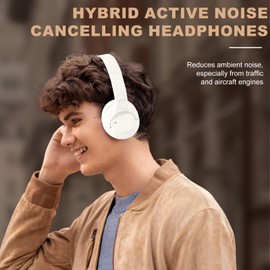 Active Noise Cancelling Headphones: Hybrid Bluetooth Headphones Over Ear with HiFi Audio - Wireless Headset 60H Playtime for Android Bluetooth Devices (White)