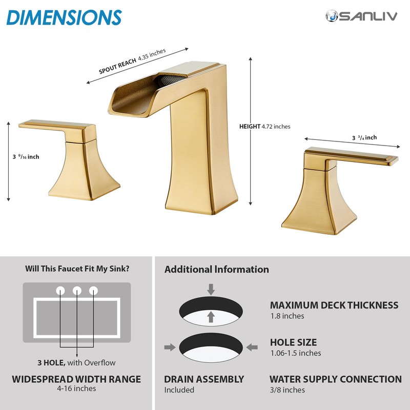 Brushed Gold Waterfall Bathroom Faucet, Sanliv 2-Handle Widespread Bathroom Faucet