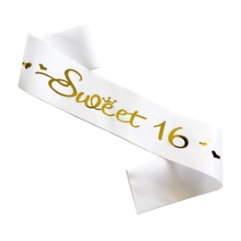 Sweet 16 Sash, White Satin Soft Sashes with Gold Foil Letter, 16th Birthday Sash Decorations Gifts for Girls Happy 16th Birthday Party Favor Supplies