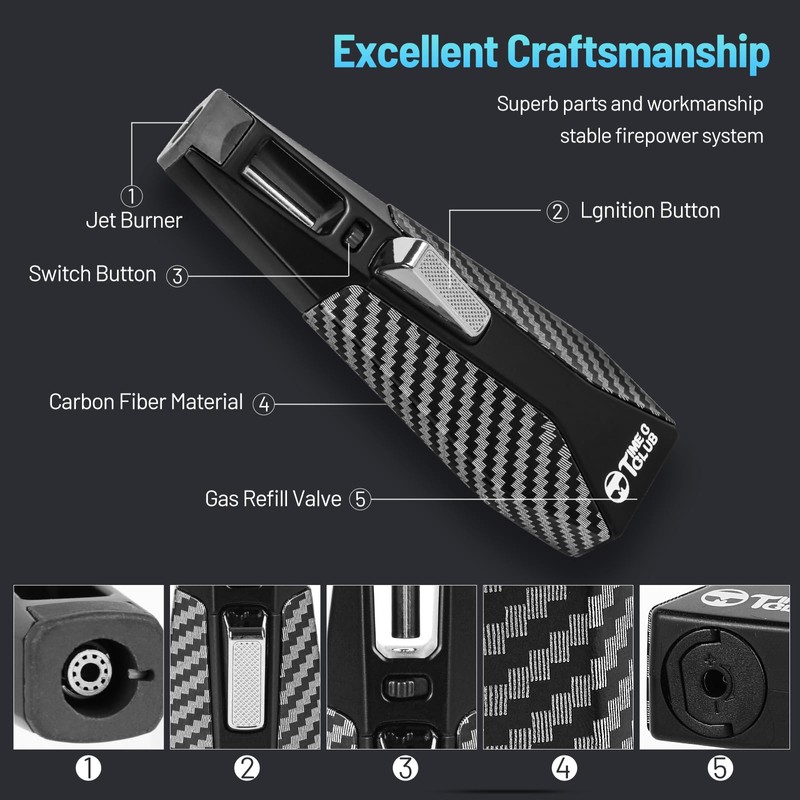 Butane Torch Lighter， Refillable Butane Torch with Safety Lock， Adjustable