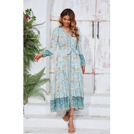 R.Vivimos Women's Long Sleeve Boho Midi Dress V Neck Floral Print Casual Button Down Loose Ruffle Beach Long Dress with Belt (Small, BlueTurquoise)