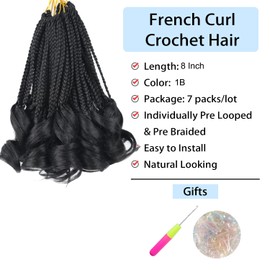 French Curl Braiding Hair 8 Inch French Curl Crochet Braids with Curly Ends Short Crochet Hair for Women Kids French Curly Braiding Hair Box Braids Crochet Hair Pre Looped French Curl Braids (1B)