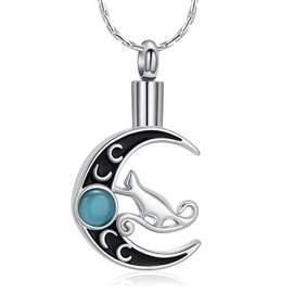 constantlife Cat Moon Urn Necklace for Women Pet Cremation Jewelry for Ashes Stainless Steel Pendant Funeral Keepsake Loved Ones Memorial Gift (Y-Silver)