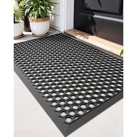 DEXI Front Door Mat 24x36, Non Slip Rubber Doormat Outside Entrance, Heavy Duty Waterproof Drainage Entry Mats, Low Profile Dirt Trapper for Patio Entryway, Black