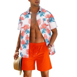 EISHOPEER Men's Hawaiian Matching Set Summer Beach 2 Piece Outfits Flower Shirts and Shorts White Print & Orange Small