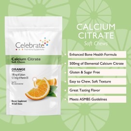 Celebrate Vitamins Bariatric 500mg Calcium Citrate Soft Chews with 500 IU Vitamin D3 – Essential for Gastric Bypass Patients & Bone Health - Sugar & Gluten Free, Orange (90 Chews)