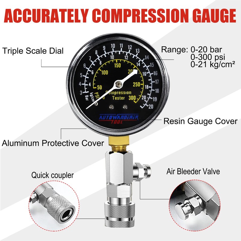 AutoWanderer Tool Engine Compression Tester Automotive, 8Pcs Small Engine Compression