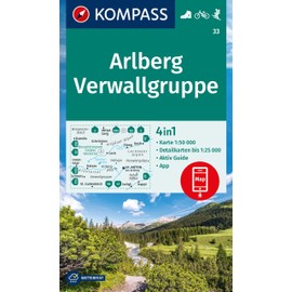 KOMPASS Wanderkarte 33 Arlberg, Verwallgruppe 1:50.000: 4in1 Wanderkarte mit Aktiv Guide und Detailkarten inklusive Karte zur offline Verwendung in der KOMPASS-App. Fahrradfahren. Skitouren.