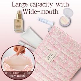 AMZMA Quilted Makeup Bag Set, Cute Floral Cotton Cosmetic Bag, Coquette Makeup Pouch Large Travel Toiletry Bag, Red flowers, Cute