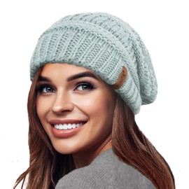 TOSKATOK Women's Warm Slouch Knit Winter Beanie Hat with Super Soft Velour Thermal Lining Ski Hat, aqua
