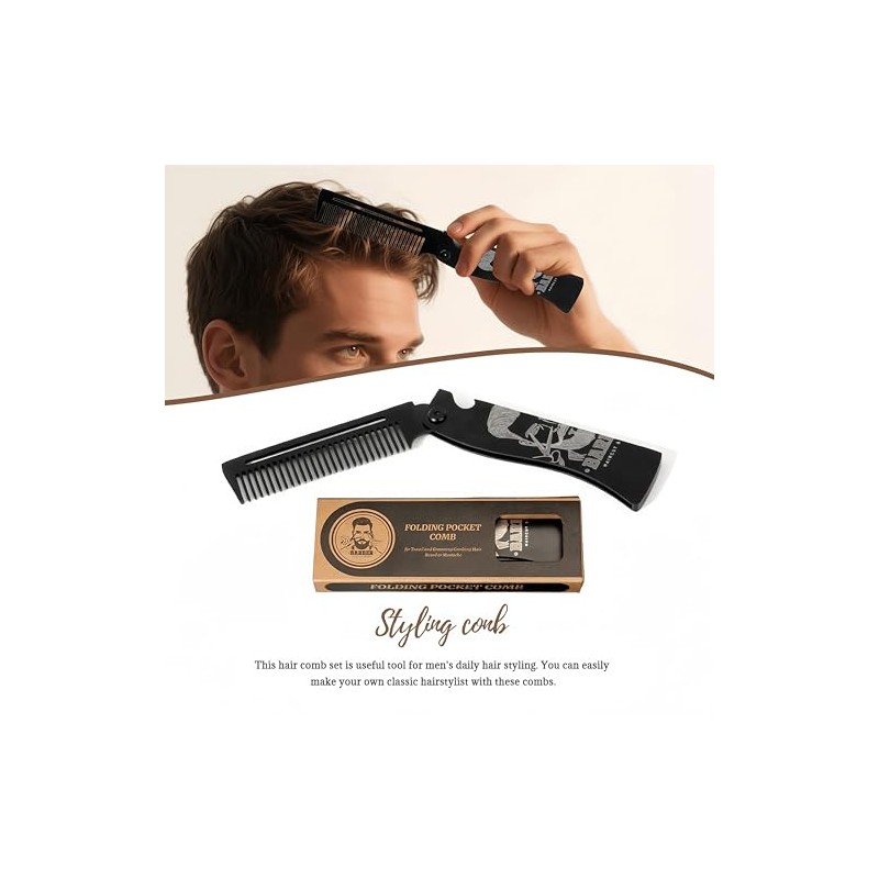 Metal Hair & Beard & Mustache Comb, Multifunctional Folding EDC