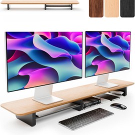 KIVY Dual Monitor Riser With Integrated Metal Shelf [MADE BY HAND] - Wooden Desk Shelf for 2 Monitors - Wide Long Stand for Desk (44 x10x3in - Oak)