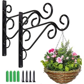 KSS 2Pcs Iron Plant Hanger Wall Hooks,Hanging Basket Brackets Wrought Iron Bracket for Lantern Planter Flower Hanger Fence (Black)