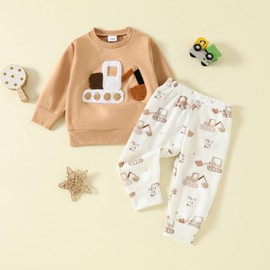 FIOMVA Toddler Baby Boy Fall Winter Clothes Outfit Farm Long Sleeve Sweatshirt Top+Long Pant Set 3 6 9 12 18 24Month 2t 3t, Tractor Khaki, 12-18 Months